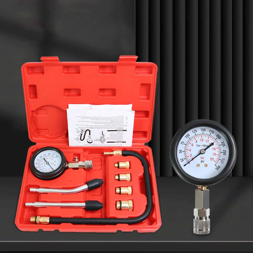 8Pcs Automotive Cylinder Tester Kit with M10 M12 M14 M18 Adapter Compression Tester Kit 0-300 PSI Pressure Gauge