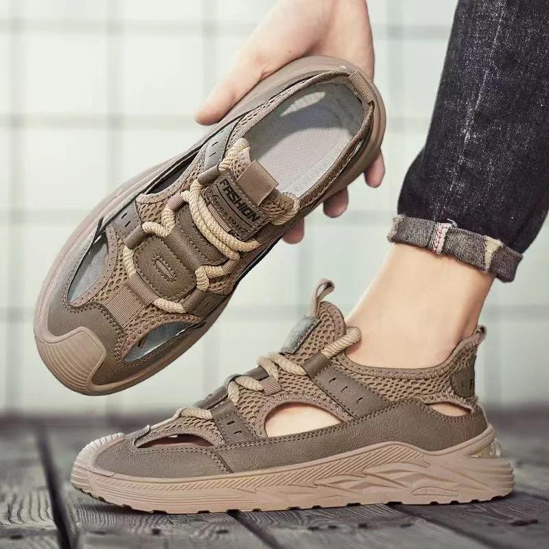 Мода 2025 Мужские резиновые кроссовки Спорт Мужские летние сандалии Кожаные Итальянские Мужские Пляжные Теннисные Модные Перфорированные Шлепанцы на шнуровке