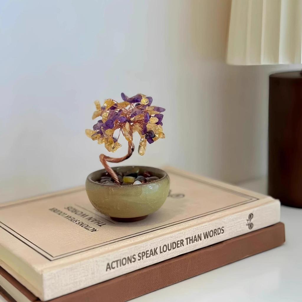 Citrine Money Tree with Agate Base - Fortune-Attracting Ornament for Home or Office