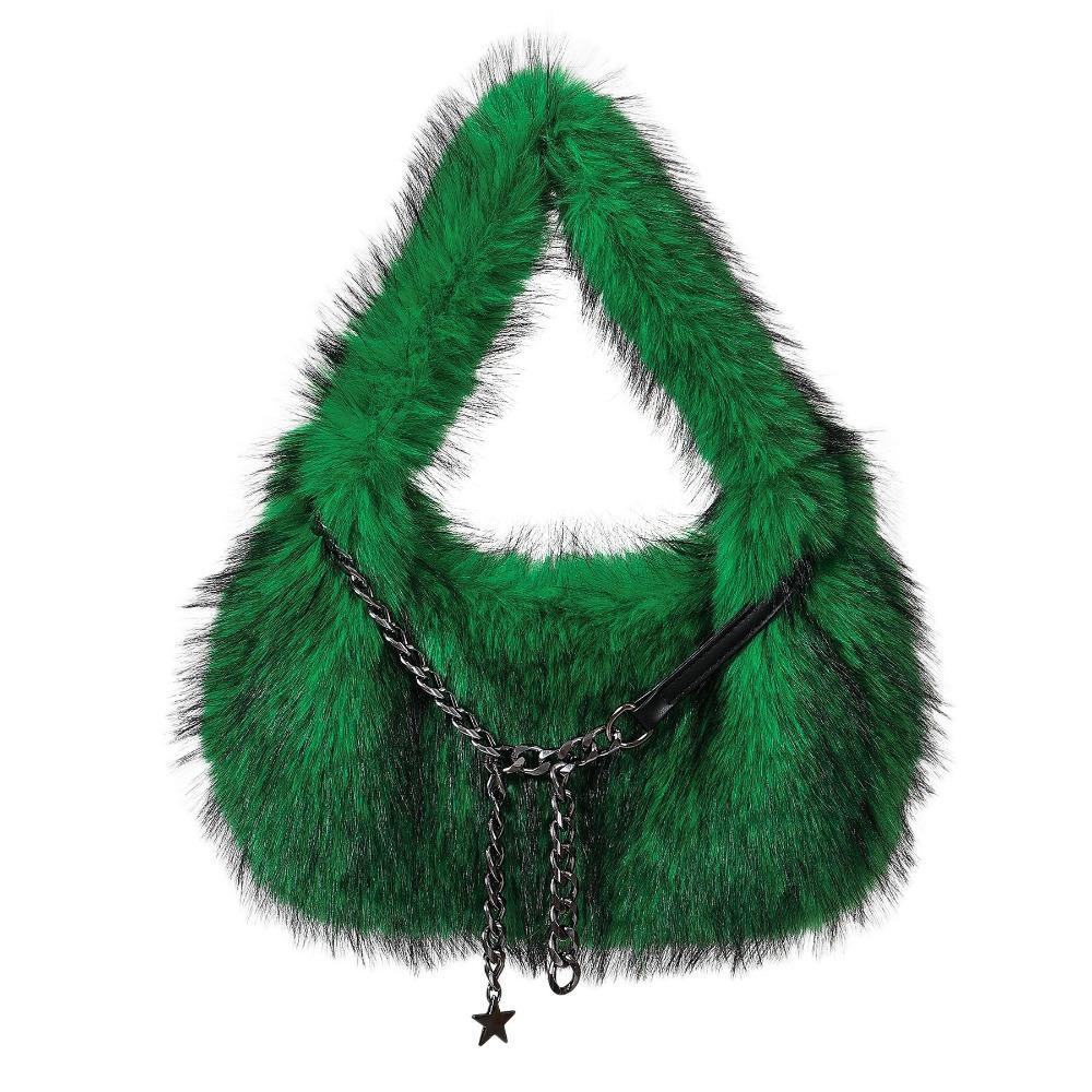Portable Fluffy Hobo Bags Stars Chains Half Moon Armpit Bag Mobile Phone Bag