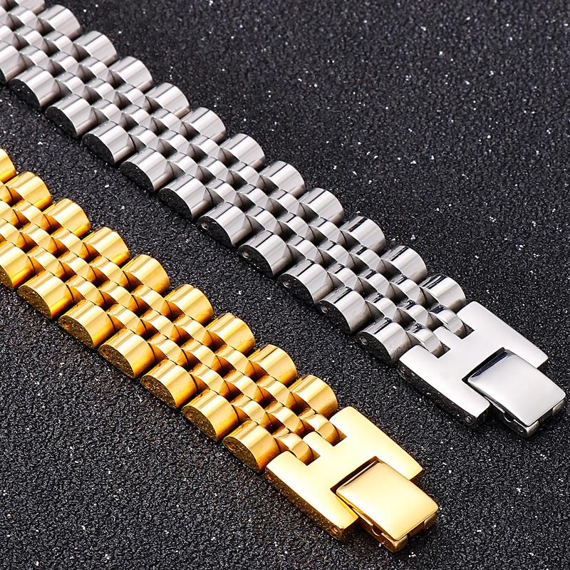 15 мм шириной 7/8/9 дюймов длиной браслет в стиле цепочки для часов для мужчин золотой цвет нержавеющая сталь мужской браслет ювелирные изделия для мальчиков аксессуары