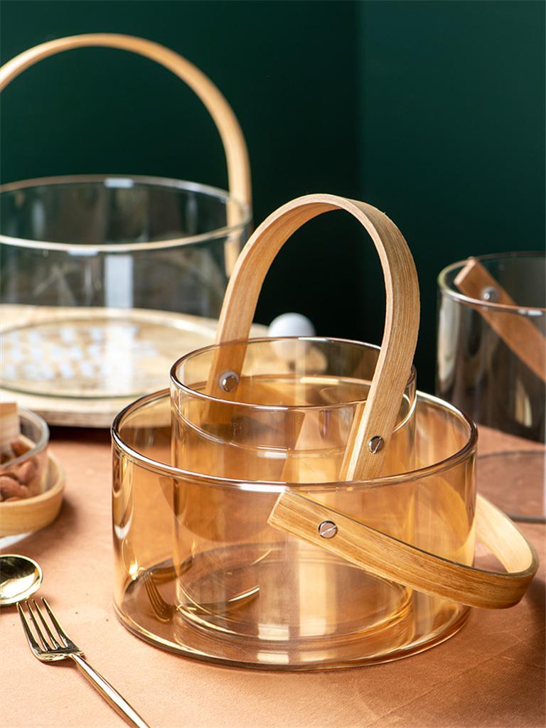 Переносная прозрачная стеклянная тарелка для фруктов | Ведро для ледяного вина | Салатница | Корзина для хранения закусок с деревянной ручкой