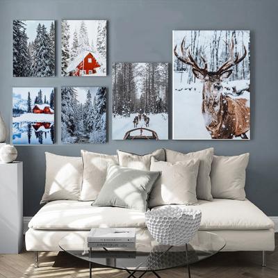 Скандинавский Рождественский Снежный Лось, лес, зимний пейзаж, постеры и принты, настенная живопись на холсте, печать, фотографии, домашний декор для комнаты