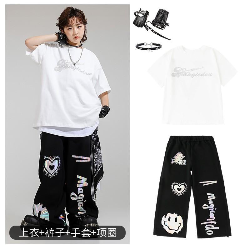 Kids Hip Hop Dance Outfit Set - White Sparkle Short Sleeve Top Black Reflective Print Pants Boys Girls Performance Streetwear