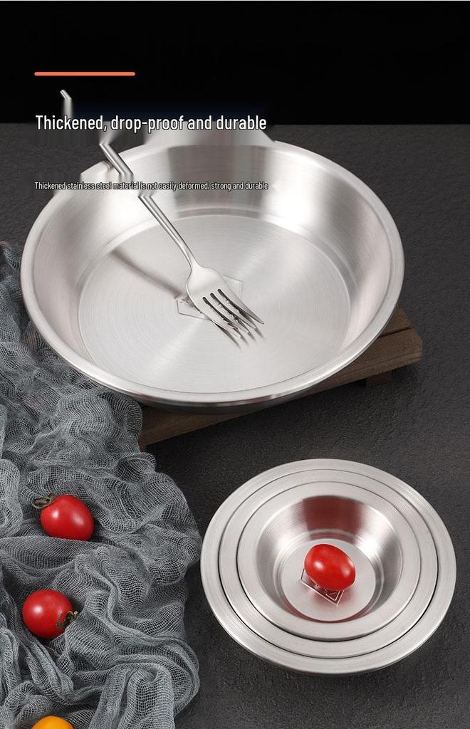 304 Stainless Steel Deepened Vegetable and Dinner Plate, Thickened Flat Bottom for Soup and Fish, Brushed Finish
