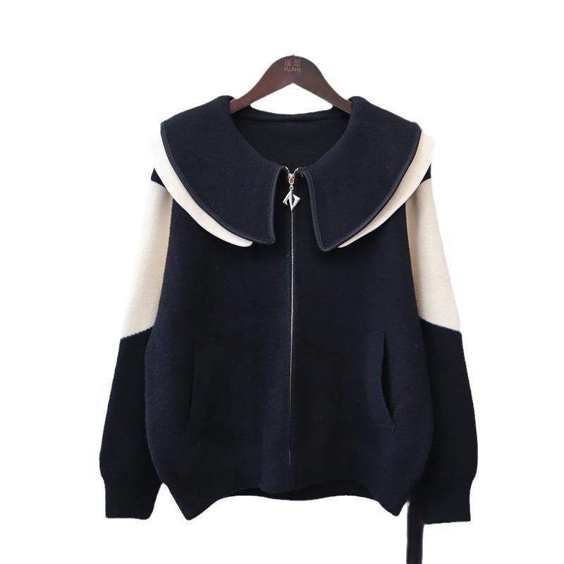 Дизайн с воротником-куклой, контрастный цвет, вязаный двусторонний твидовый жакет, осень-зима, новый свободный и тонкий свитер-кардиган для женщин