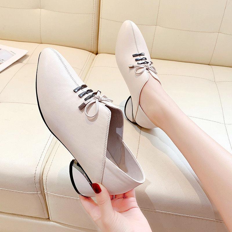 Microfiber Leather Shoes Woman Mid Heels Women Casual Shoe Korea Style Block Heel Slip On Footware for Office Lady Beige BLACK
