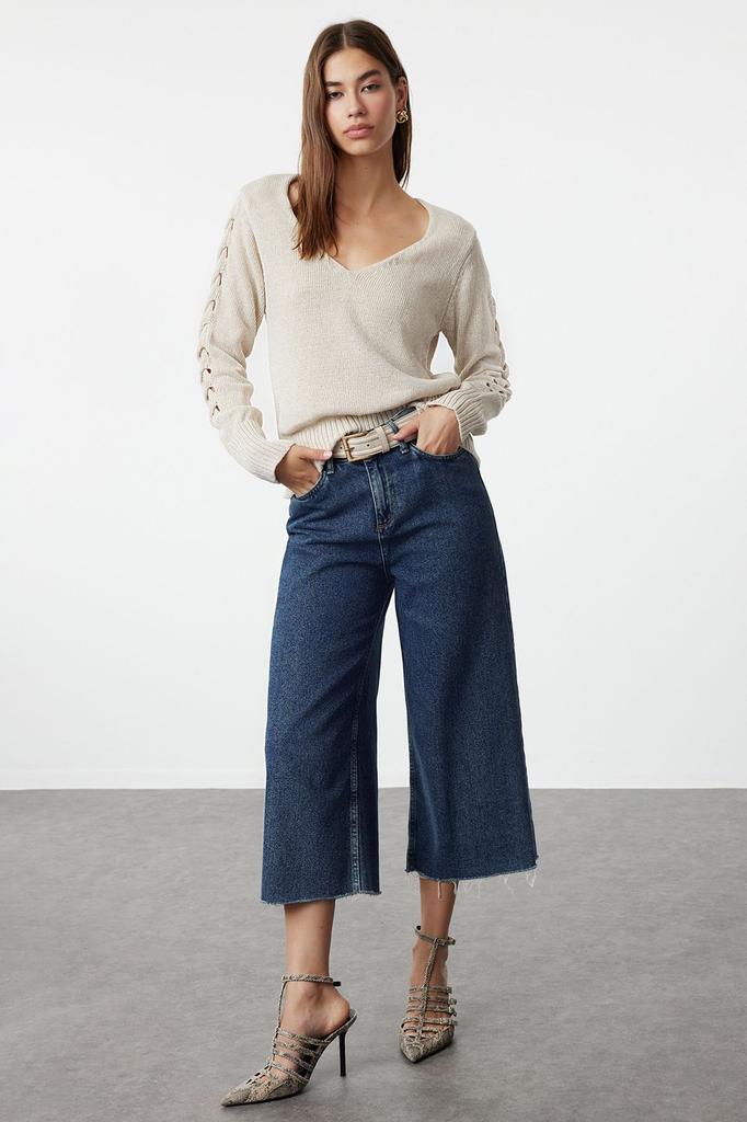 Женский модный стильный свитер, норковый ажурный перфорированный хлопковый трикотаж с v-образным вырезом, свитер