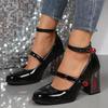 Round Toe Shallow Mouth Gem One-button Block Heel Single Shoes Autumn New Non-slip Wear-resistant High Heels
