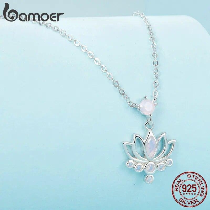 Bamoer 925 Sterling Silver Lotus Pendant Necklace Pink Opal Flower Neck Chain for Women Engagement Birthday Fine Jewelry Gift
