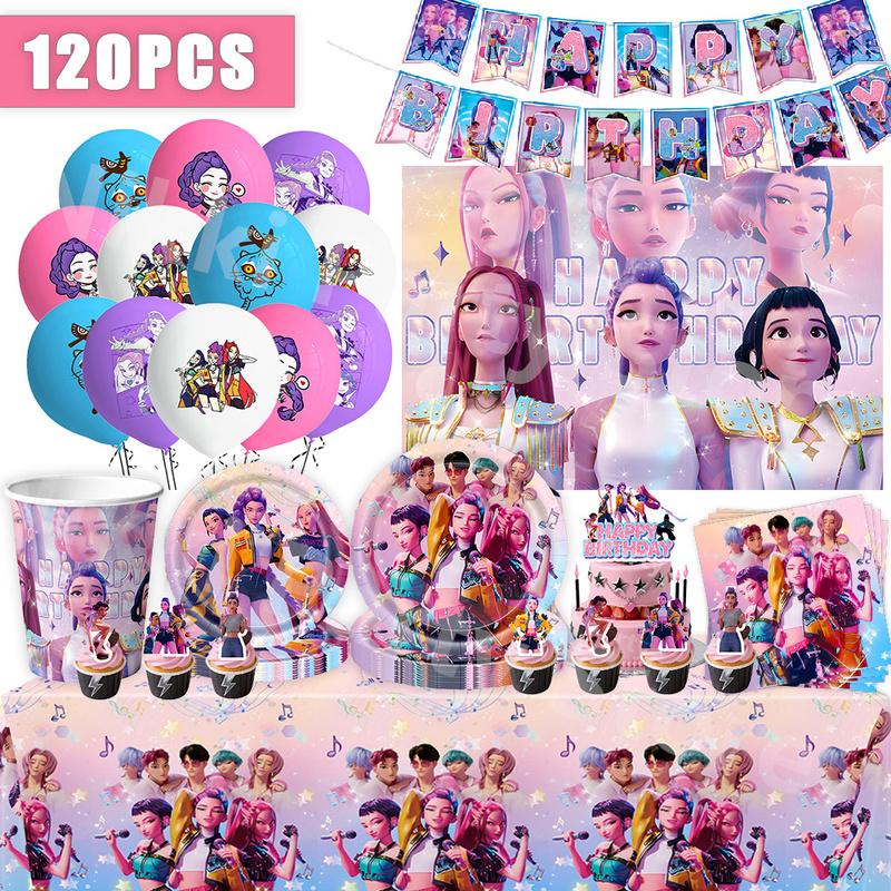 Kpop Demon Hunters Birthday Decorations Singer Party Favors Balloon Disposable Tableware Tablecloth Plates Cups Baby Shower Toys