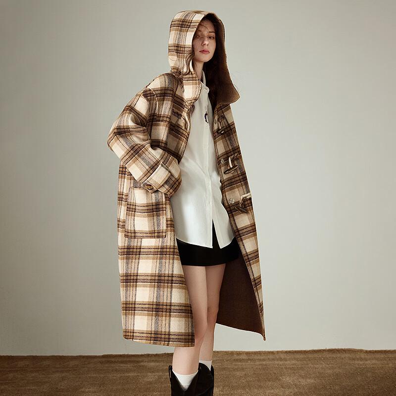Женское свободное шерстяное пальто в клетку с капюшоном Chuyu