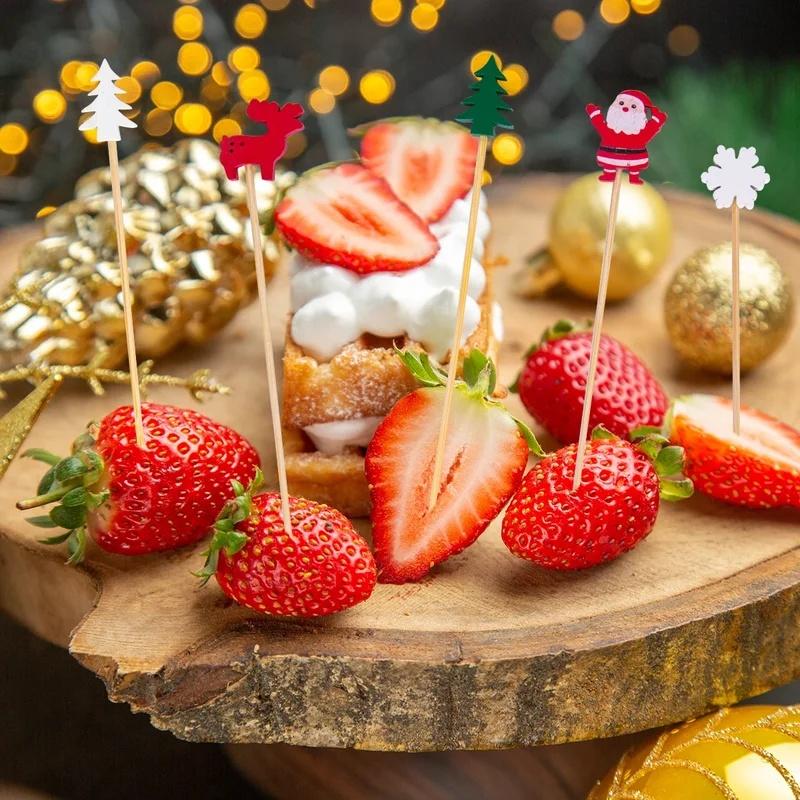 50pcs/ bag ristmas Bamboo Cocktail Picks Santa Claus Snowflake tree Drink Fruit Dessert Food Toothpicks Christmas Party