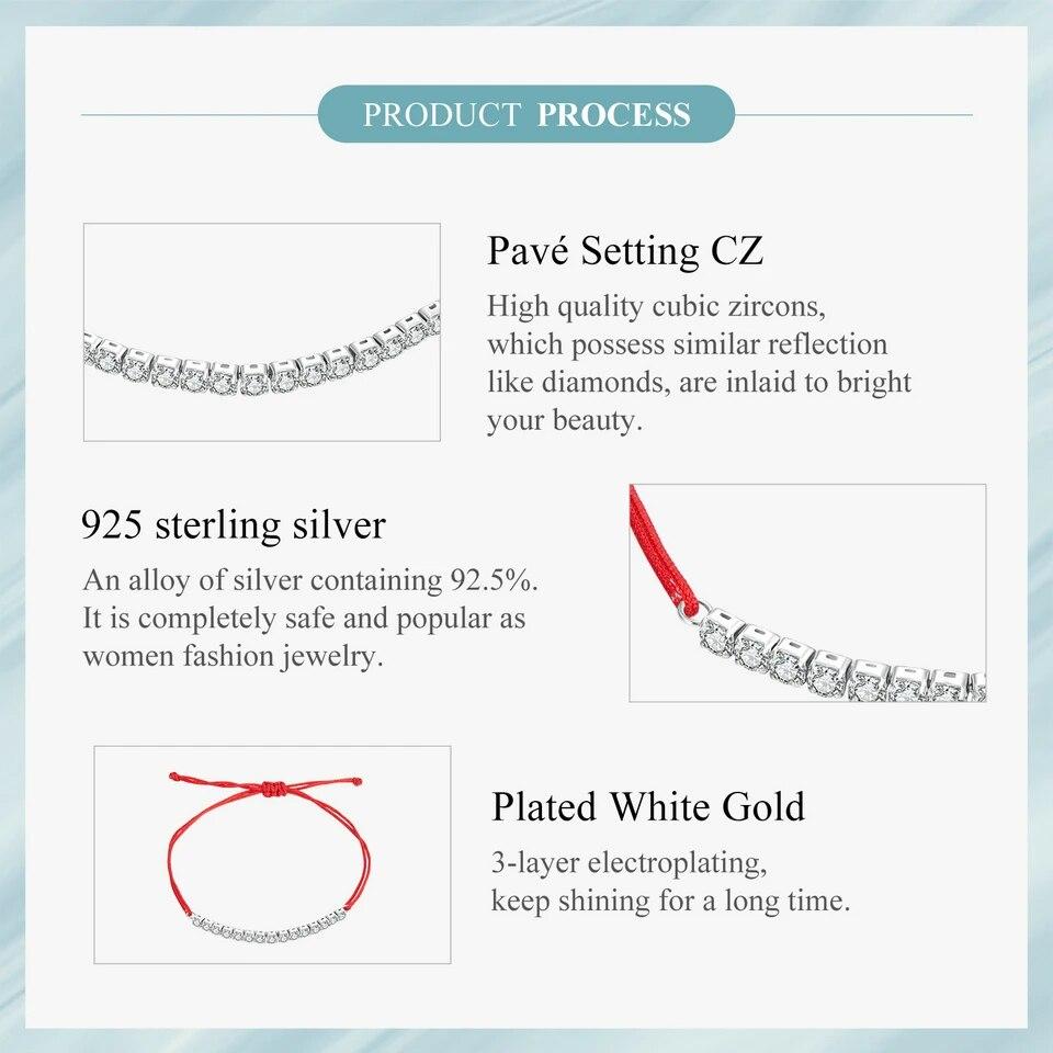 BAMOER 925 Sterling Silver Simple Red Rope Bracelet Shiny Zircon Tennis Bracelet for Women Lucky Fine Jewelry Gift