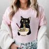 Noodle Cat Женские футболки Смешные Ramen Черная футболка с кошкой Женская одежда Обычные топы с коротким рукавом Женская мода Футболки с мультяшной графикой Женские