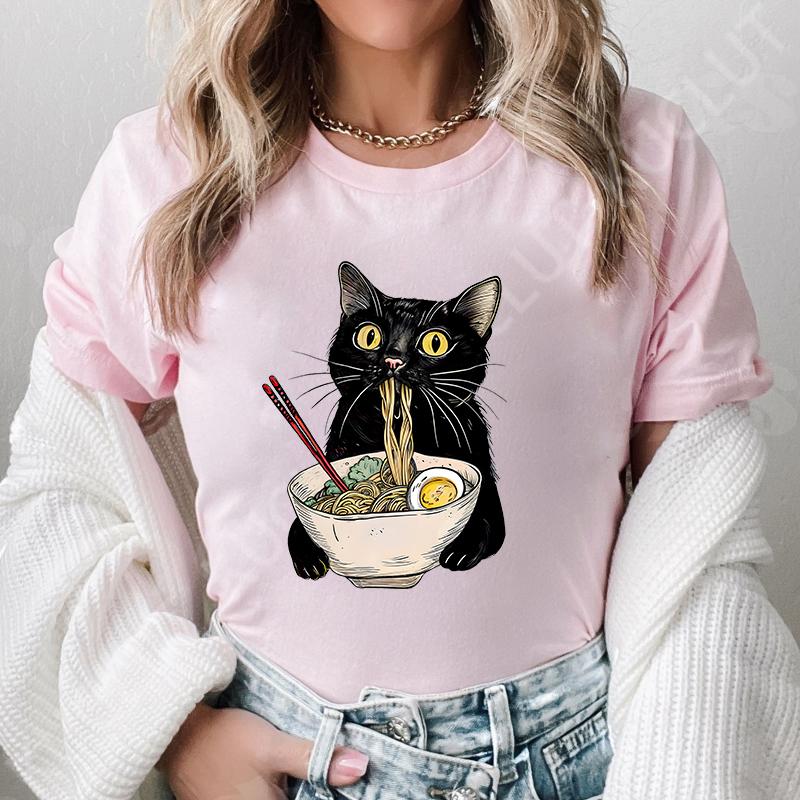 Noodle Cat Женские футболки Смешные Ramen Черная футболка с кошкой Женская одежда Обычные топы с коротким рукавом Женская мода Футболки с мультяшной графикой Женские