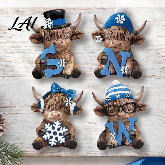 Fine Carving Collectible 4Pcs Christmas Highland Cow Figurine Winter Blue Yak Statues with Snowflakes Xmas Office Desk Accessory Hats Farmhouse