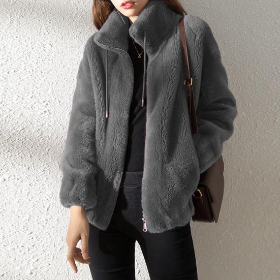 Осенне-зимний женский кардиган, пальто, двусторонний меховой плюш, застежка-молния, воротник-стойка, длинные рукава, утолщенный однотонный коралловый флис, трикотажная куртка