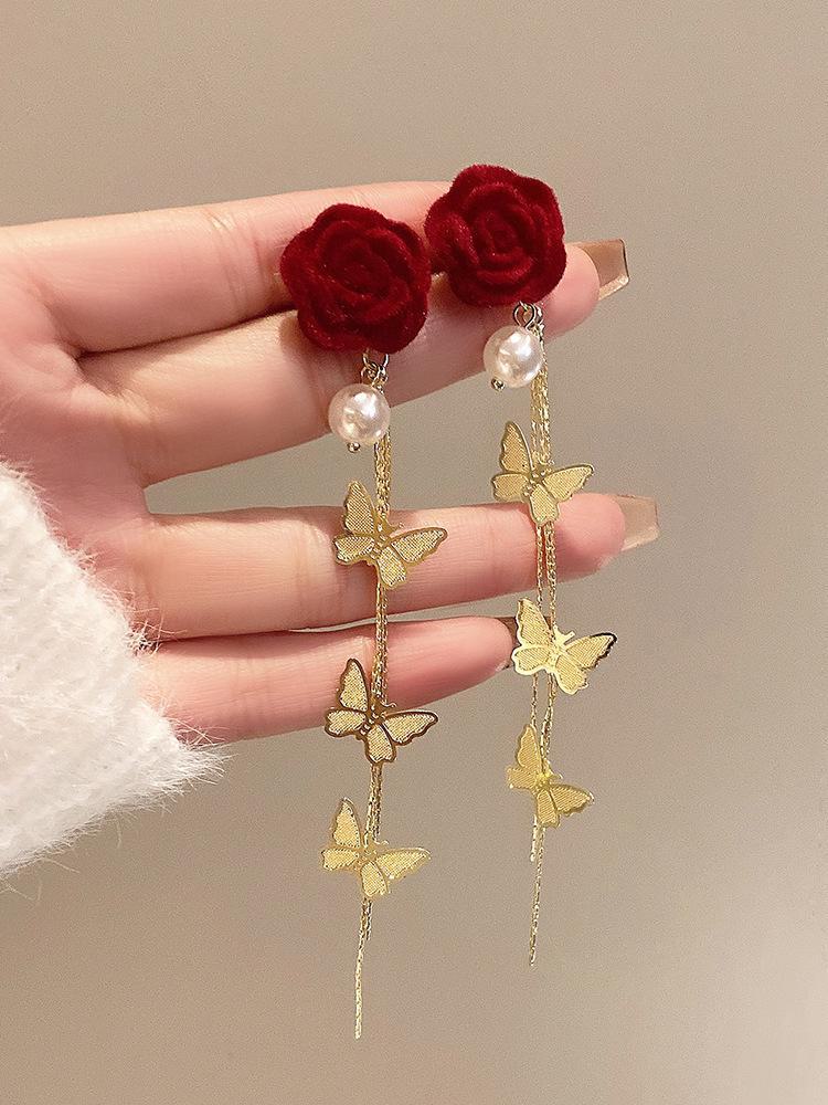 Длинные серьги-кисточки с красными цветами и бабочками — легкий роскошный стиль для женщин, идеально подходит для осени и зимы.