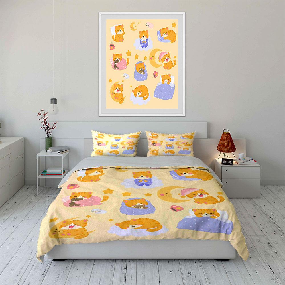 Adorable Sleeping Cats Pattern Bedding Duvet Cover Set Duvet Cover Pillowcases (1*Duvet Cover 2*Pillowcases, without duvet insert)
