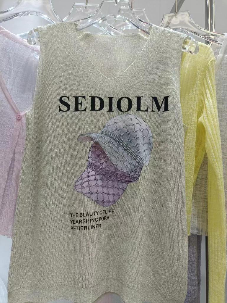 2023 Блестящий шелковый женский жилет без рукавов с V-образным вырезом - Новый стиль весна/лето, свободный крой с вязаным дизайном на бретелях с горячими бриллиантами