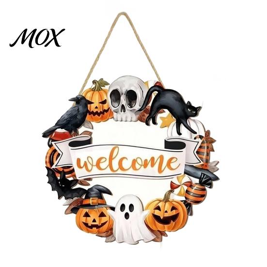 Scary Party Supplies Halloween Wooden Wreath Door Hanger Sign, Pumpkin Ghost Black Cat Witch Rustic Wall Art Bat Patterns, Hanging Plaque for