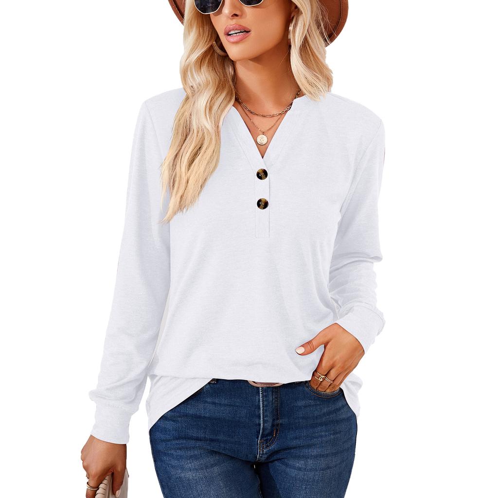 Spring Autumn Solid Color Top for Women V-neck Button Loose Long Sleeve T-shirt