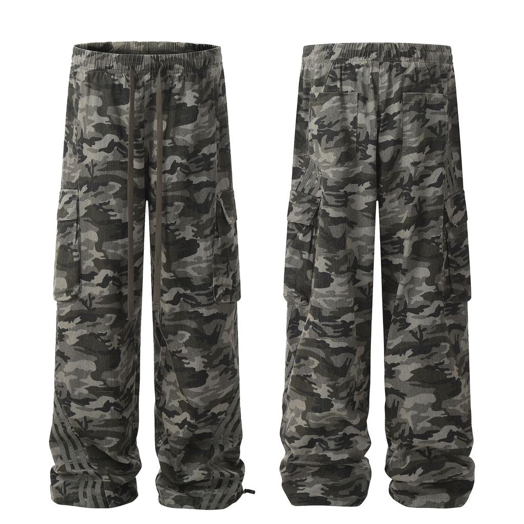 Мужские американские широкие камуфляжные рабочие брюки, ретро-модные брендовые свободные прямые камуфляжные брюки из чистого хлопка