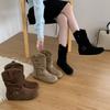 2025 winter new pleated stacking boots women's retro matte fleece western boots medium tube Martin boots inner heightening short boots