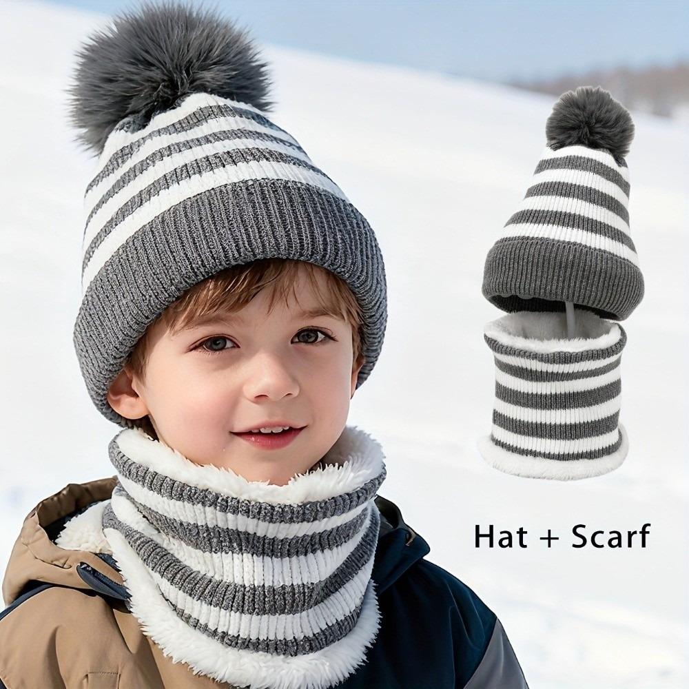 Fleece Lined Knit Beanie Hat 2Pcs Set Pom Pom Hat Warm Fleece Lined Scarf  Outdoor Sports