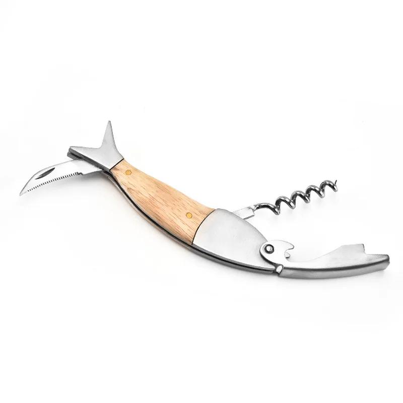 Открывалка для бутылок вина в форме рыбы с деревянной ручкой, штопор для вина, штопор официанта, многофункциональный ключ для вина, кухонные принадлежности