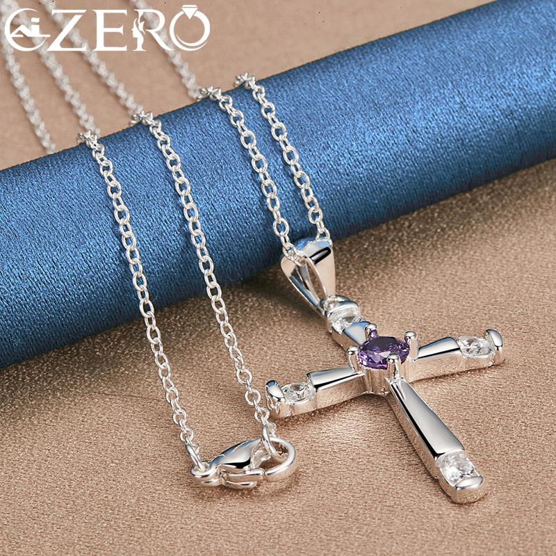 ALIZERO 925 Sterling Silver Purple Zirconia Cross Pendant Necklace With 16-30 Inch Chain For Women Men Wedding Party Jewelry