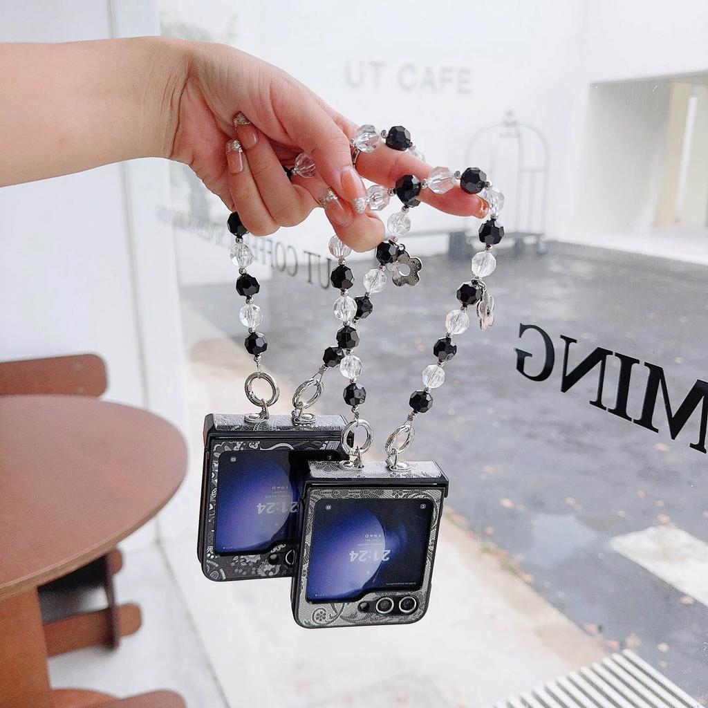 Wrist Strap PU Leather Bead Phone Case for Samsung Galaxy Z Flip 6 5 4 3 5G Hinge Protection Shockproof Cover