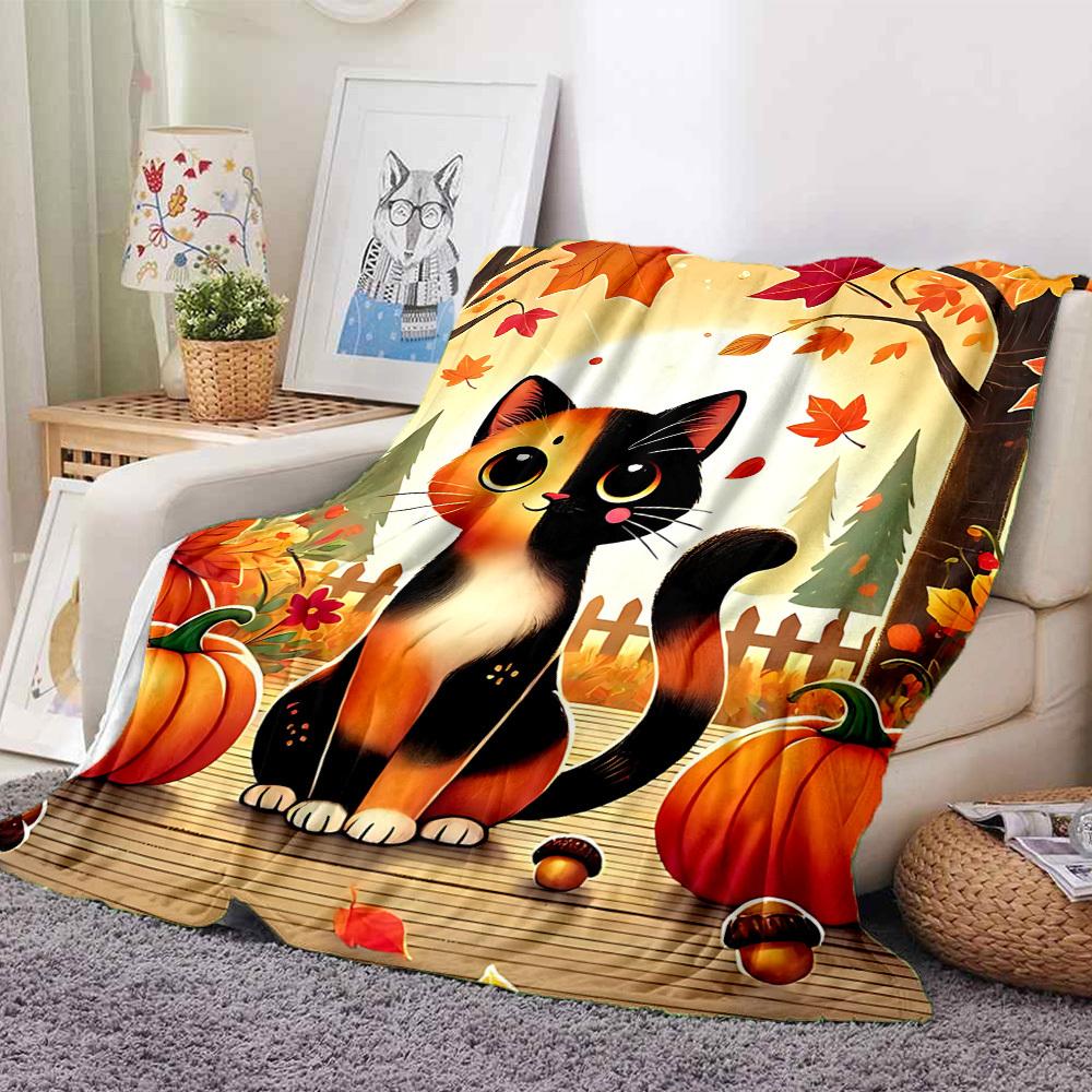 1pc Autumn Cat Print Blanket - Lightweight Flannel Throw Blanket For Sofa, Bed, Living Room, Office, Outdoor Travel, Camping, Soft All-Season103