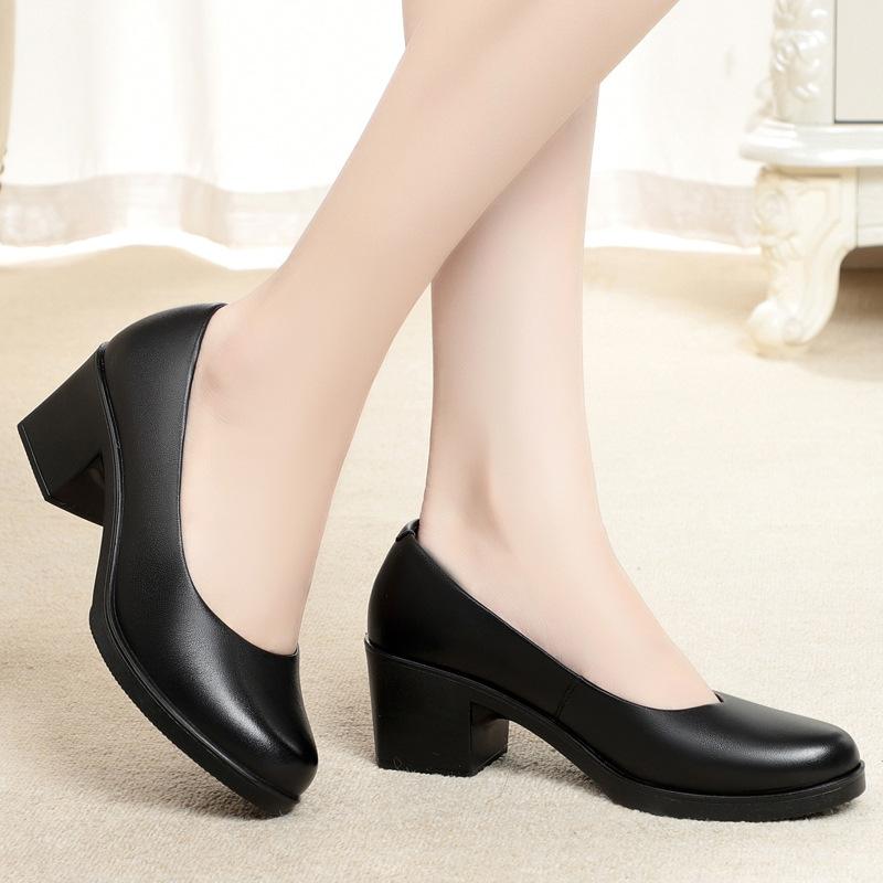 Autumn Women's High Heels Daily 5cm Square Heel Pumps Office Lady Black Leather Shoes Comfortable Soft Sole Slip-on Women Shoes