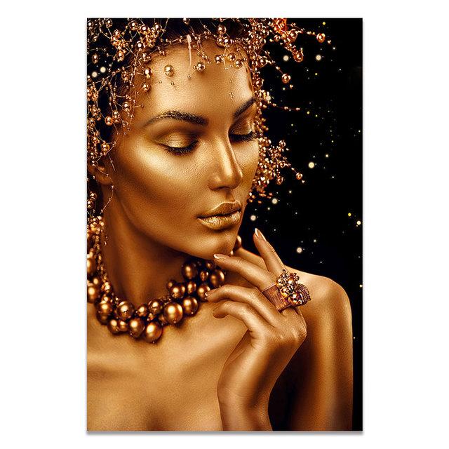 Картина на холсте, настенная картина, модная Африка, золотые, черные женские постеры, принты, произведения искусства для скандинавского модульного домашнего декора гостиной