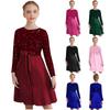 Girls Christmas Glittery Sequin Party Gown Round Collar Long Sleeve High Waist Knee Length Belted Pleated Formal Event Dress