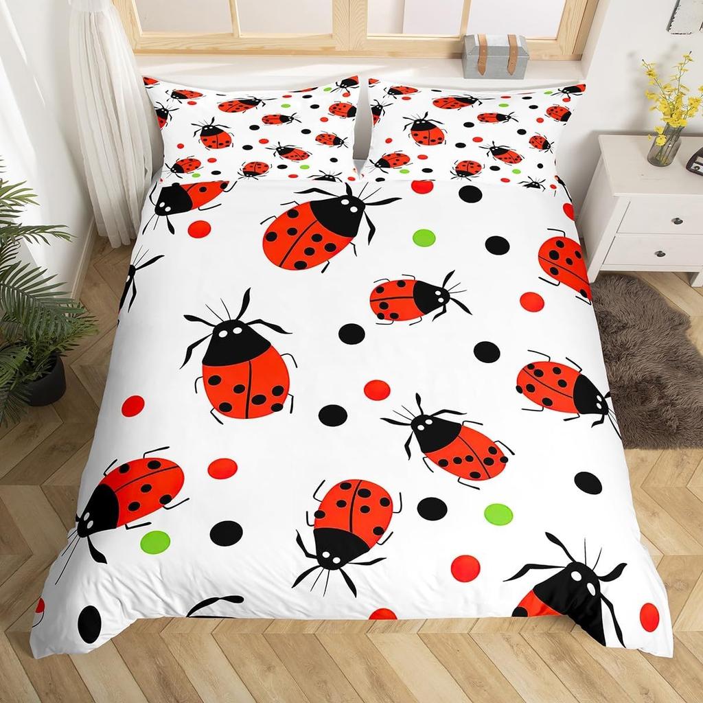 Cute Ladybug Duvet Cover Twin Queen Cartoon Animal Ladybird Insect Bedding Set Kawaii Wildlife Love Heart Print Comforter Cover