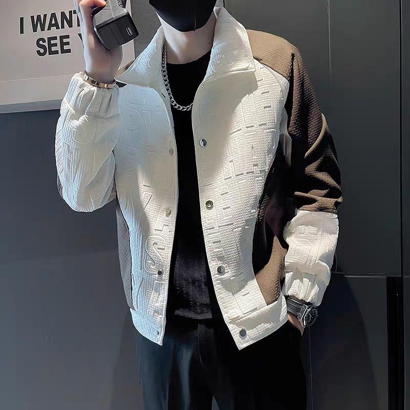 Модные пэчворк куртки с буквами Мужская одежда Контрастные цвета Осень Зима Отложной воротник Повседневные на пуговицах Свободные пальто
