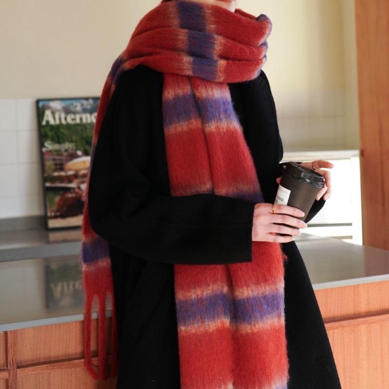 New Autumn and Winter Thickened Loop Yarn Braided Tassel Striped Imitation Cashmere Scarf