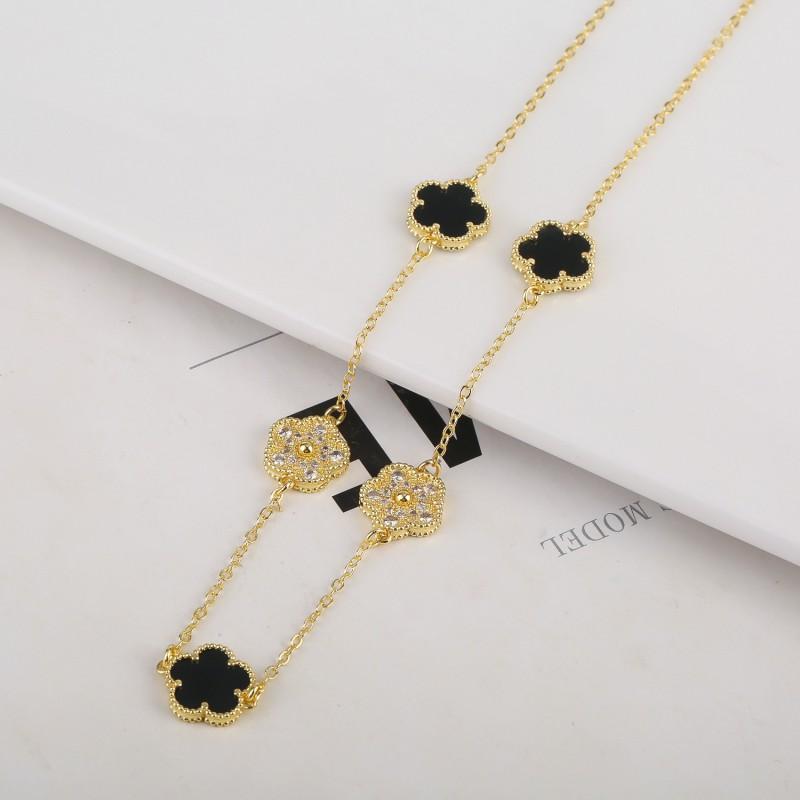 Adjustable Lucky Clover 5-Petal Flower Charm Bracelet Necklace Set Women Gold Plated Copper Jewelry