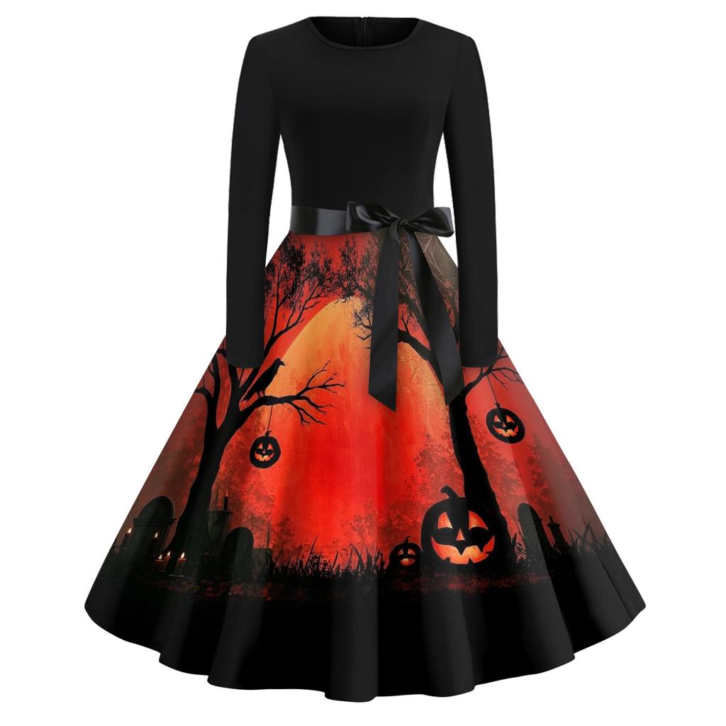 Women's Casual Fashion Halloween Print Round Neck Vintage Style Dress Long Sleeve Fit and Flare Midi Dress with Waist Tie for Seasonal Wear