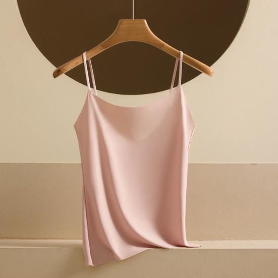 Women's Faux Silk Camisole Top Ice Silk Satin Tank Top Spaghetti Strap Sleeveless Cami Top Crew Neck Silky Summer Basic Blouse