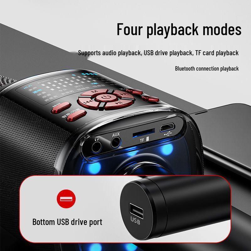 Bluetooth Wireless Microphone Speaker with Integrated Sound Card for Singing on Mobile Phones and TV.