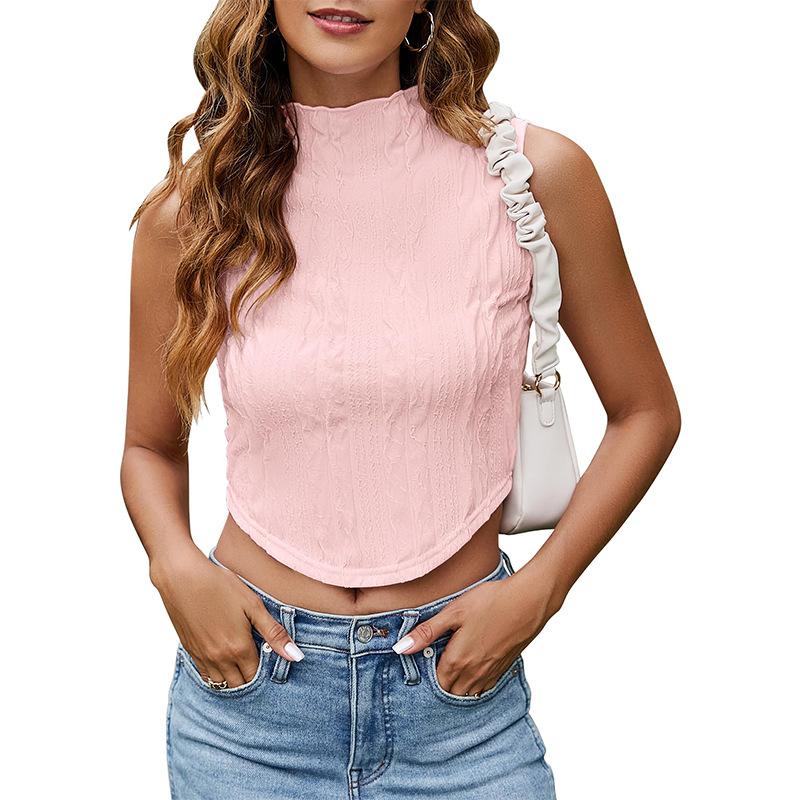 Женский летний жилет без рукавов с высоким воротником, однотонный, нерегулярный, с обнаженной талией, топ