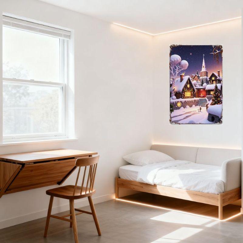 Причудливая ночная сцена заснеженной деревни Металлическая жестяная табличка Праздничный рождественский декор с освещенной елкой, домом и снежной тропинкой - Настенное искусство для дома