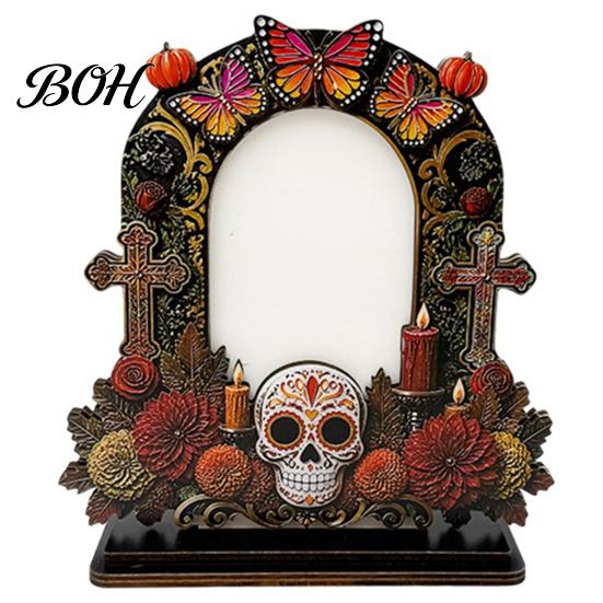 Unique Festival Gift Ideas Dia De Los Muertos Wooden Photo Frame Tabletop Decor, Day of The Dead Sugar Skull Ornaments Memorial Picture Holder