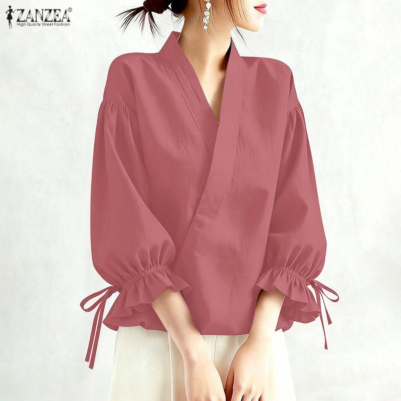 ZANZEA Женская повседневная однотонная свободная блузка с V-образным вырезом и рукавом 3/4