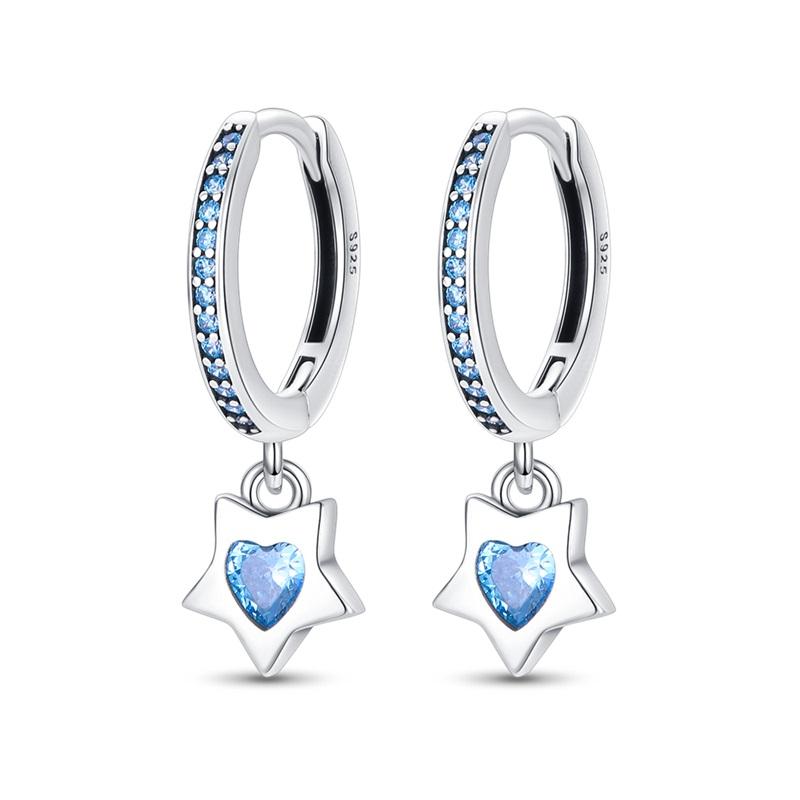 Fashion 925 Silver Color Earrings Blue Zircon Stars Moon Irregularity Earrings For Woman Fine Birthday Jewelry Gifts