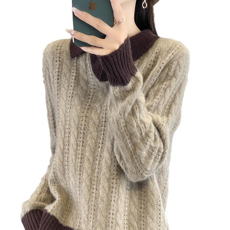 Women's V-Neck Color Block Wool Sweater - Autumn/Winter 2024, Thick Cable Knit, Short Sleeve